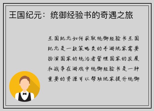 王国纪元：统御经验书的奇遇之旅